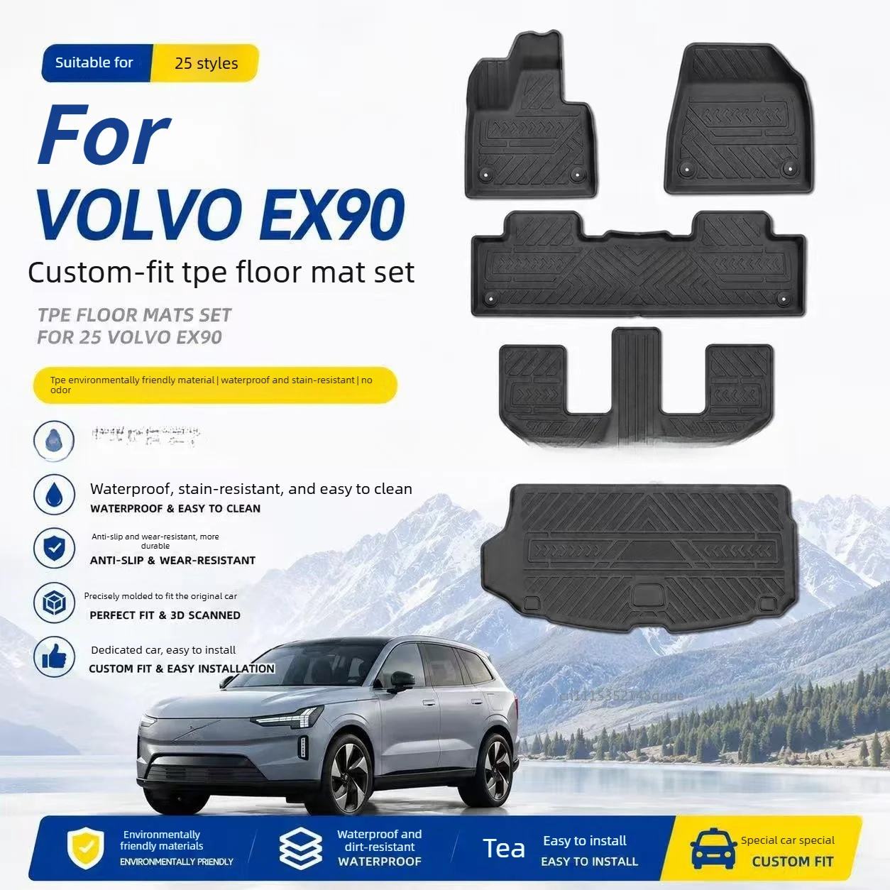 TPE Car Floor Mat For Volvo EX90 2026 2027 Car Interior Accessories Cargo Liner Waterproof Anti-slip Rear Boot Pad Easy Clean