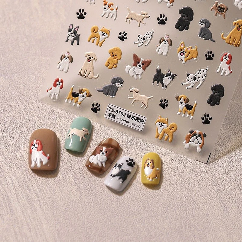 5D Embossed Cute Cartoon Cat Dog Design Nail Art Sticker Decals Self Adhesive Supplies For Women And Girls