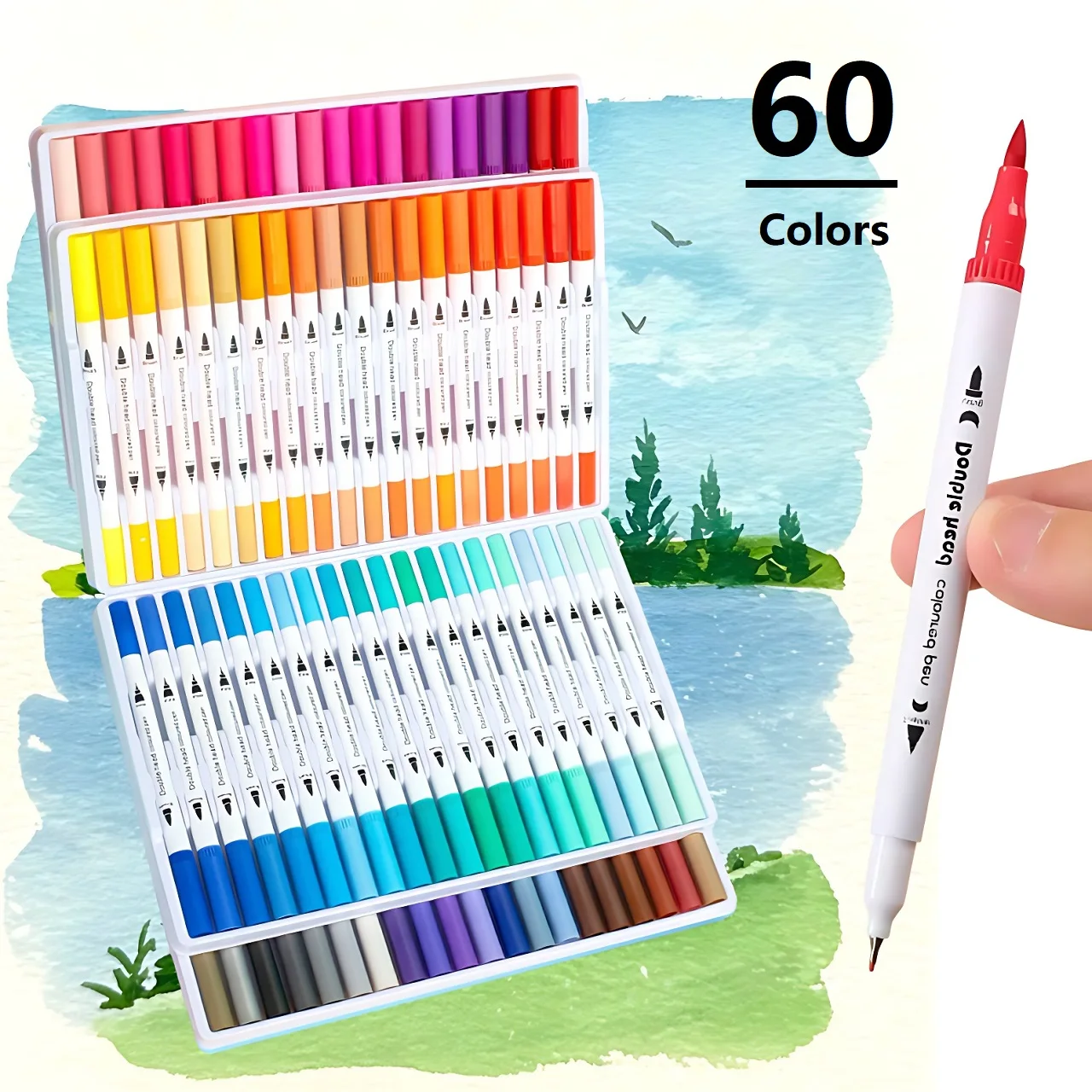 

60-Pack Dual-Tip Water-Based Markers, featuring fine and chisel nibs with vivid hues, perfect for journaling, casual doodling