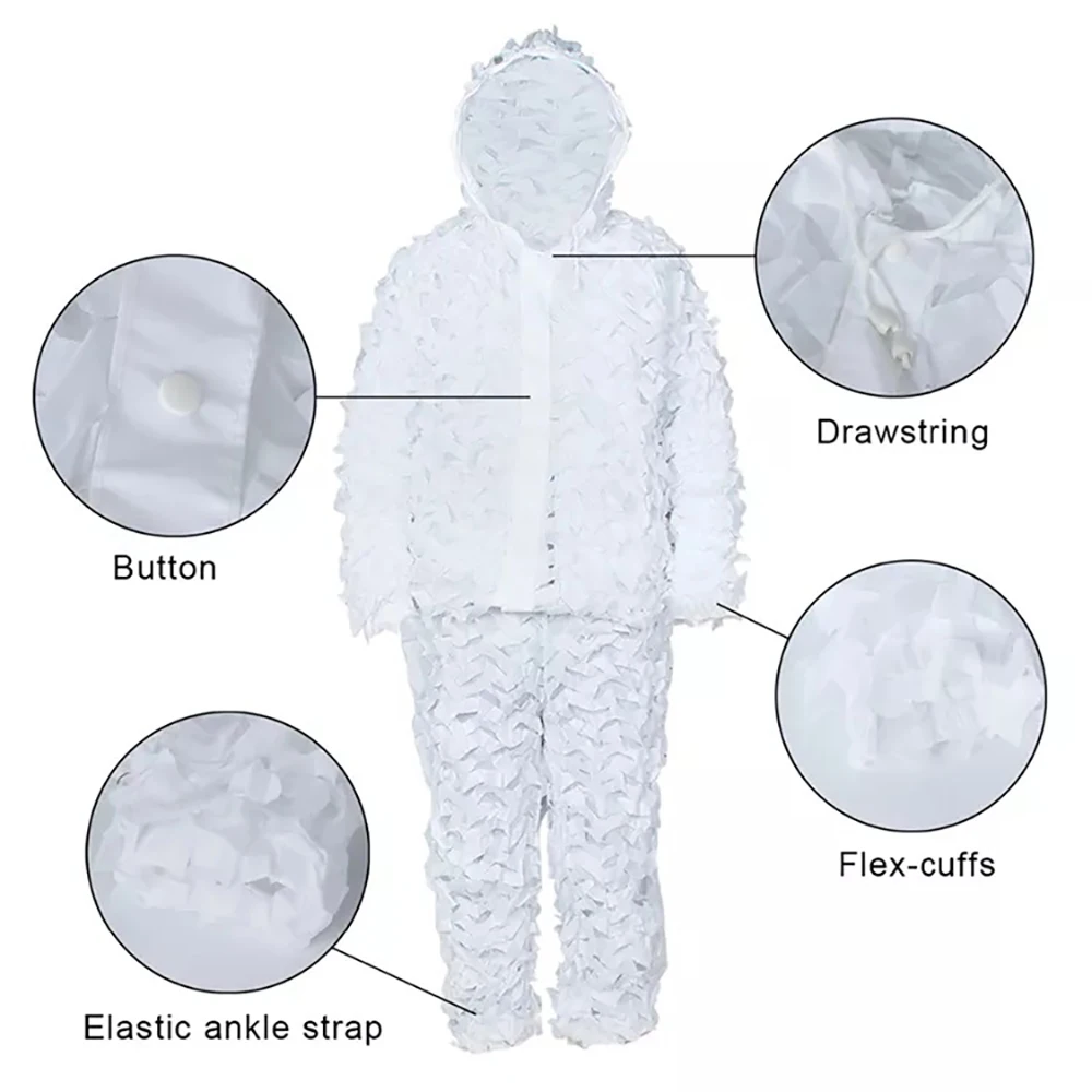 Terno branco camuflado Sniper Ghillie, jaqueta e calça de neve, conjunto uniforme para caçar, ao ar livre, caminhar, birdwatching, CS, inverno