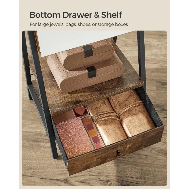 Cabinet Standing, Lockable Jewelry Armoire with Full-Length Mirror, Space-Saving Jewelry Organizer with Mirror, Bottom