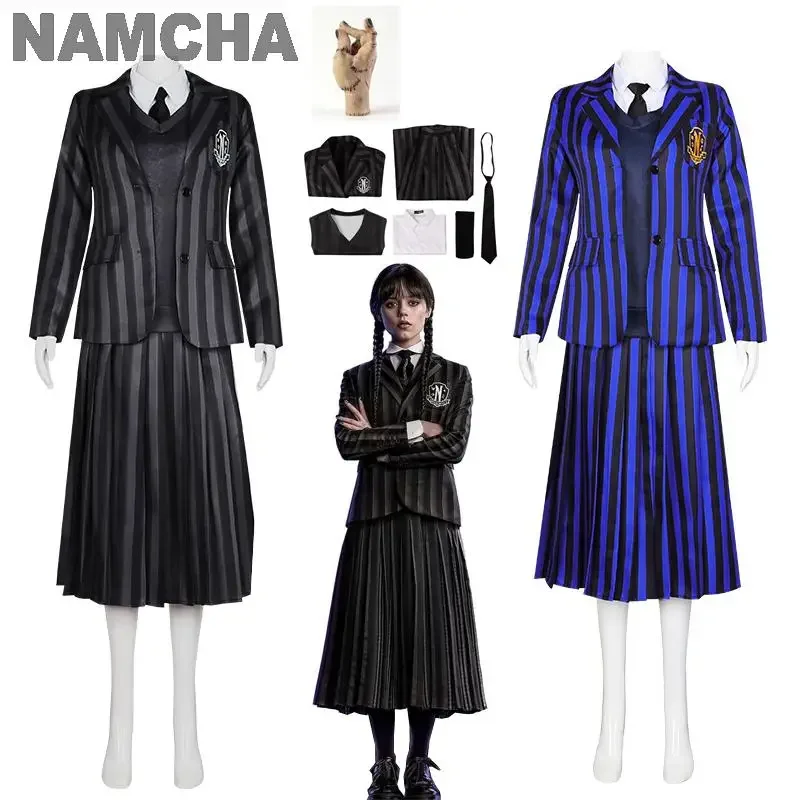 Disfraz de miércoles Addams para niños, disfraz de miércoles para niños, familia Addams, Cosplay de mano Artificial, uniforme escolar para mujeres, trajes, vestido para niñas