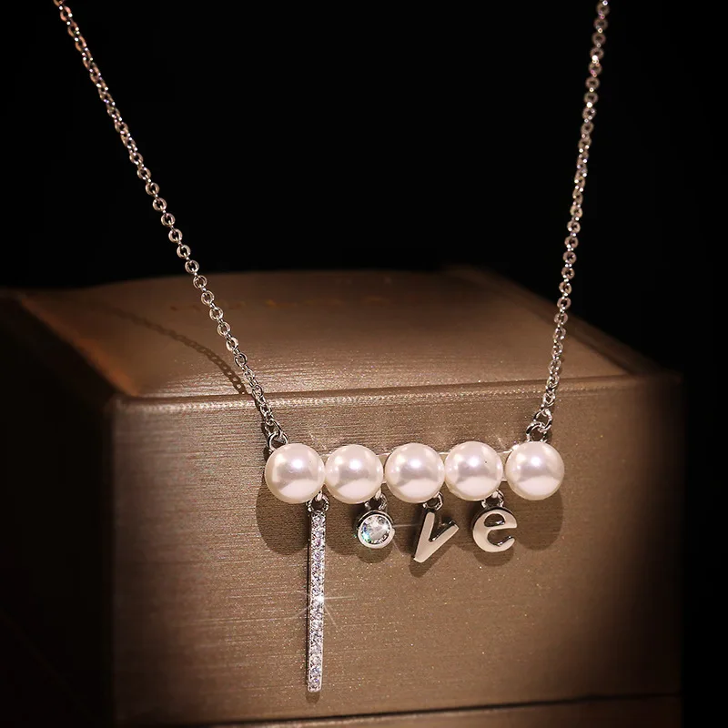 Newly LOVE Letter Pendant Single Row Pearl Necklace Women's Clavicle Chain 925 Silver Fashion Jewelry Party Birthday Gift