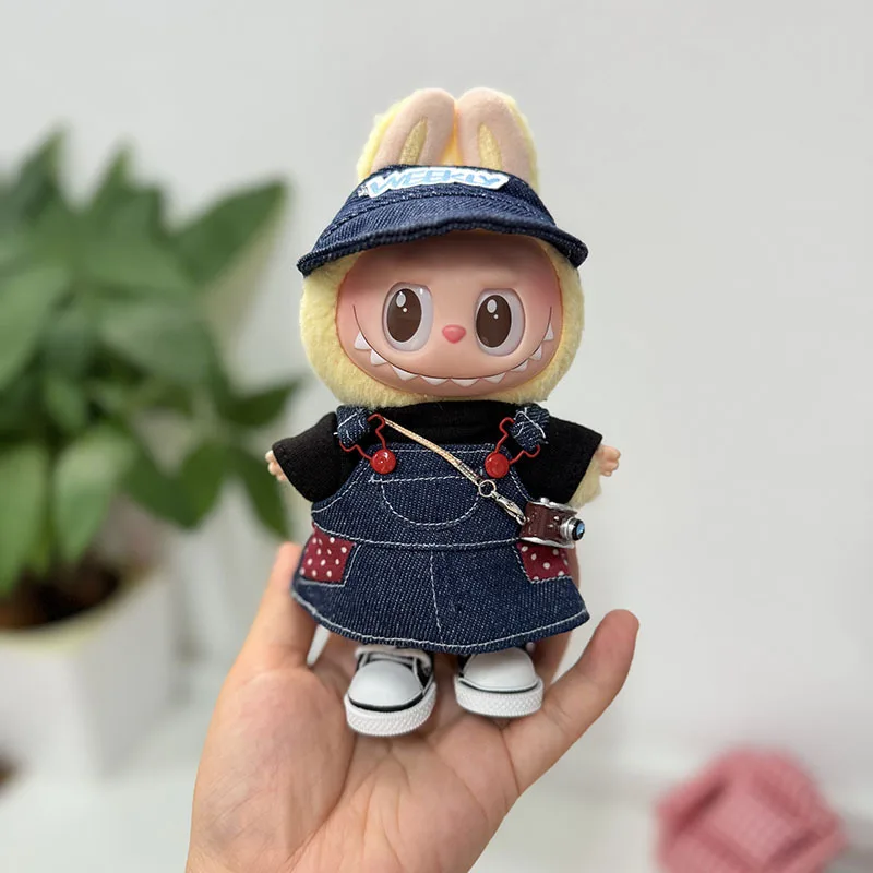 15/17 cm da 1a a 3a generazione LABUBU / DIMOO Abbigliamento con tasche Salopette in denim a pois rosso caramello con cappello da pescatore