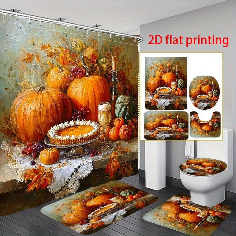 

4 шт., 2D плоская занавеска для душа с принтом, набор для ванной комнаты, осенний урожай, натюрморт с тыквой и пирогом. для женщин, День святого Валентина