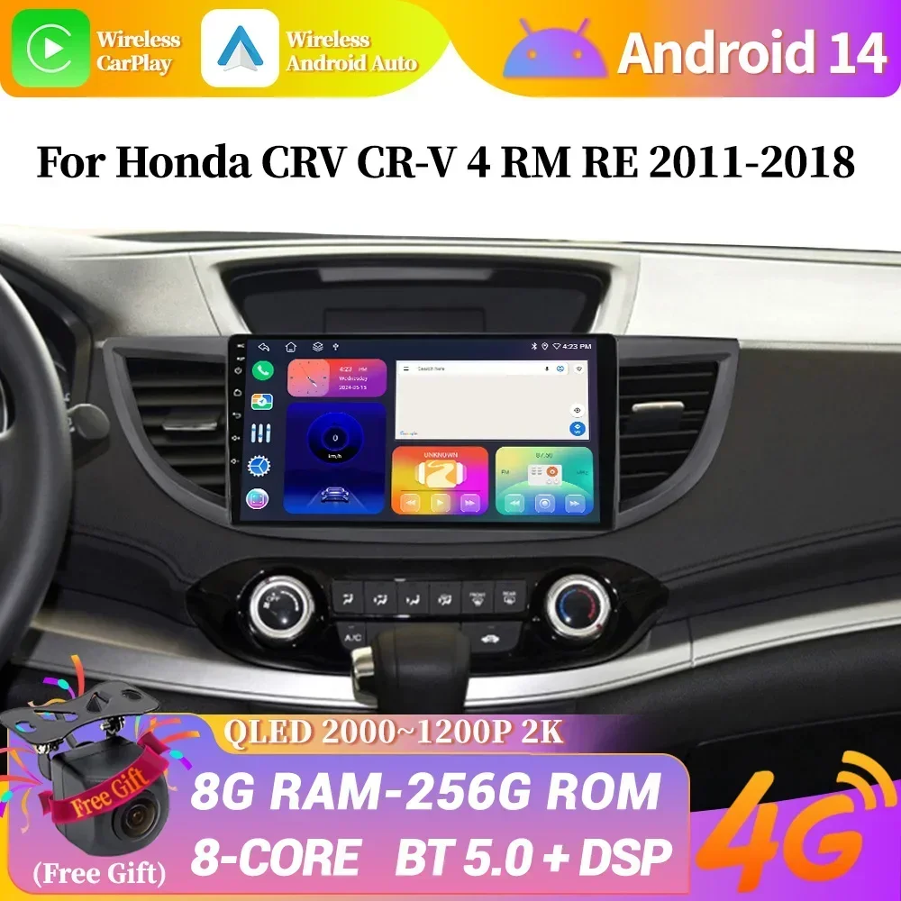 

For Honda CRV CR-V 4 RM RE 2011-2018 Android 14 Car Radio Multimedia GPS Navigation Wireless Apple Carplay Touch Screen Stereo