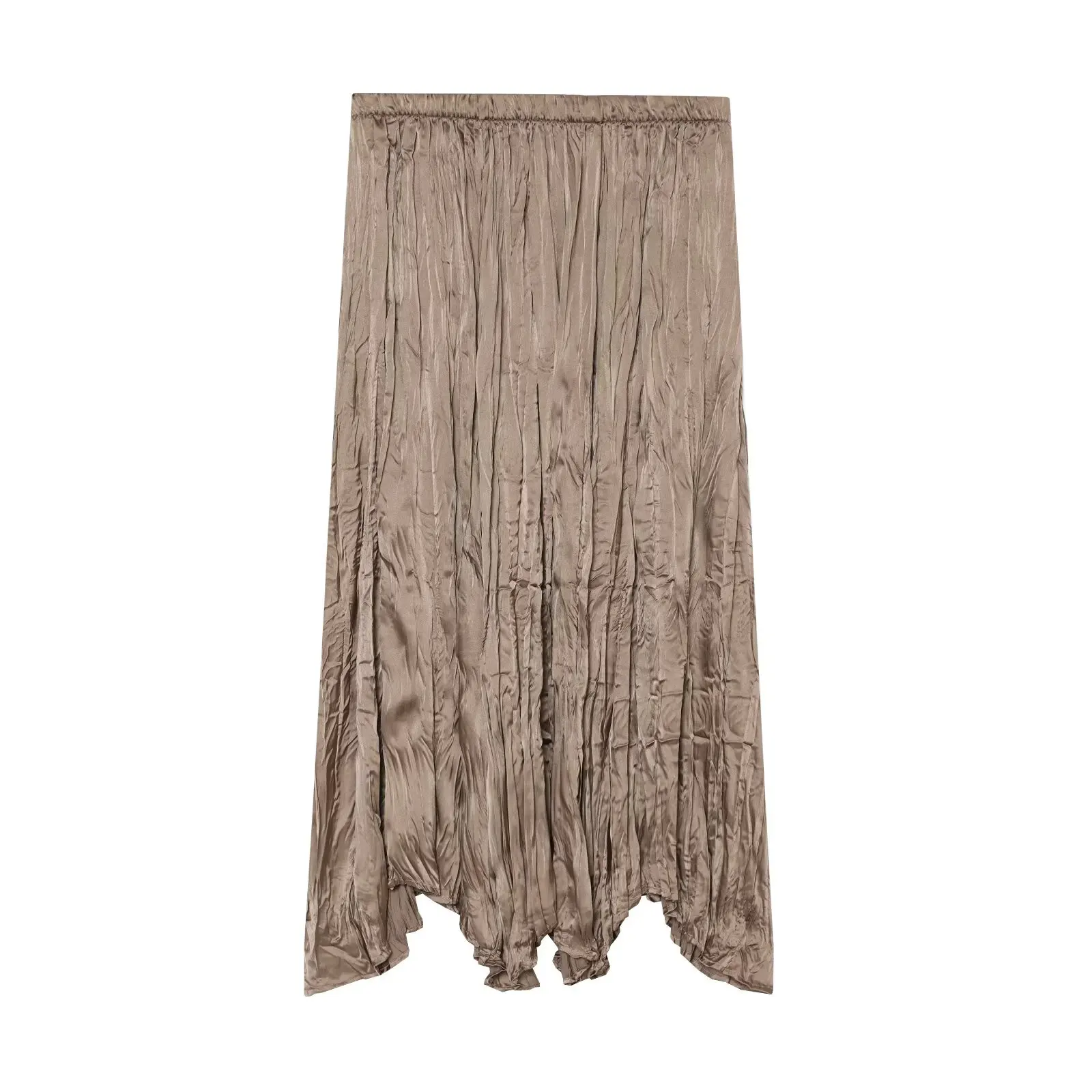 

2026 Summer Women's French Elegant Folded Khaki Midi Long Skirts Lady Vintage A-line Pleated Asymmetrical Elastic Waist Skirt