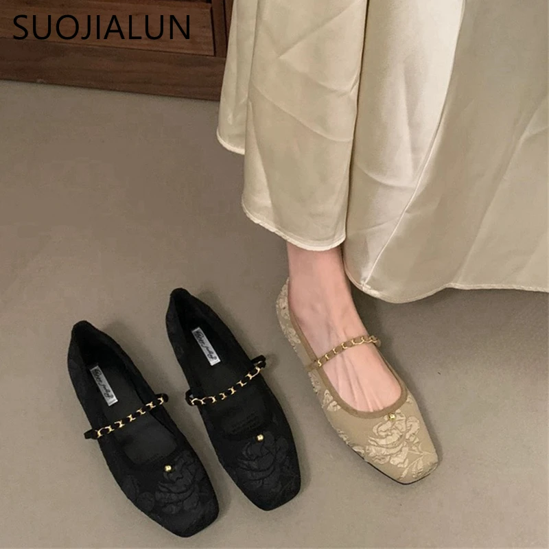 SUOJIALUN Spring New Women Flat Shoes Fashion Round Toe Ladies Elegant Dress Mary Jane Shoes Soft Sole Outdoor Dress Ballerinas