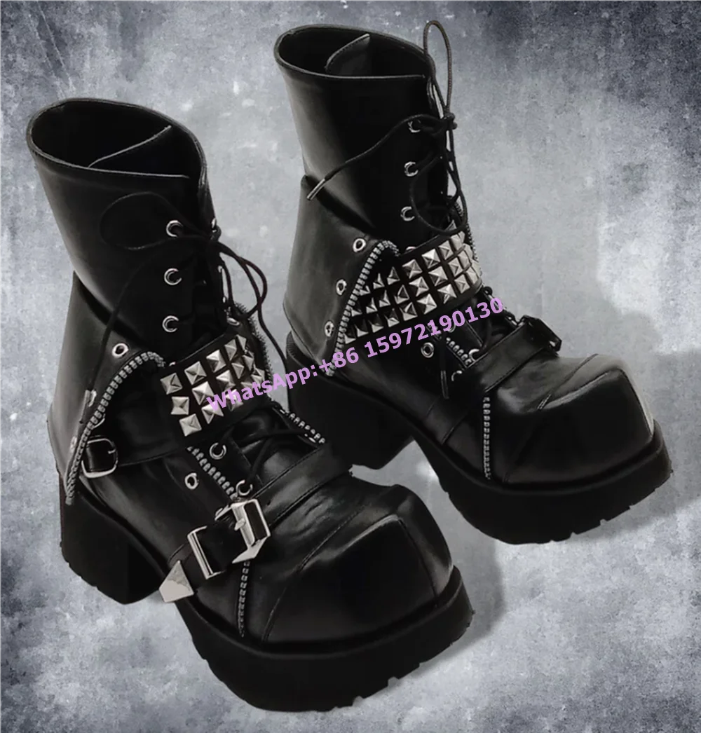 

Black Rivet Punk Ankle Boots Round Toe Platform Square Heels Buckle Belt Lace Up Zipper Shoes Women's Winter Fashion Short Boots