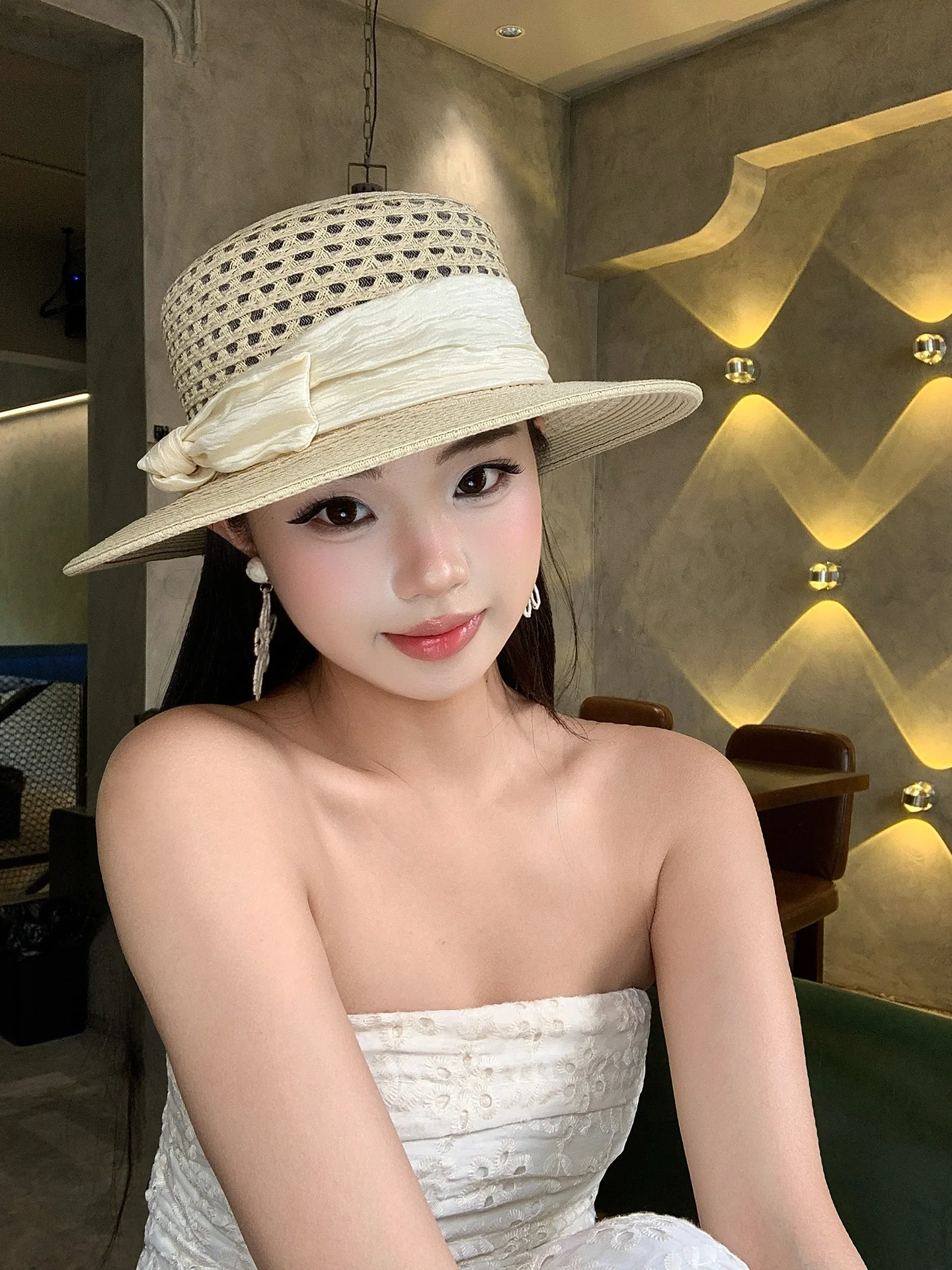 Women's Summer Beach Hat  Knot Hollow out Flat Top Sunshade Hat Adjustable Strap Youth Fashionable Sunguard Cap