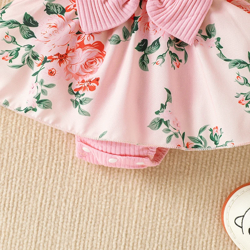 2 stücke Baby Baby Stram pler Kleid Patchwork Blumen druck Spitze ärmel los/Langarm Rundhals ausschnitt vorne Bowknot Overall Stirnband