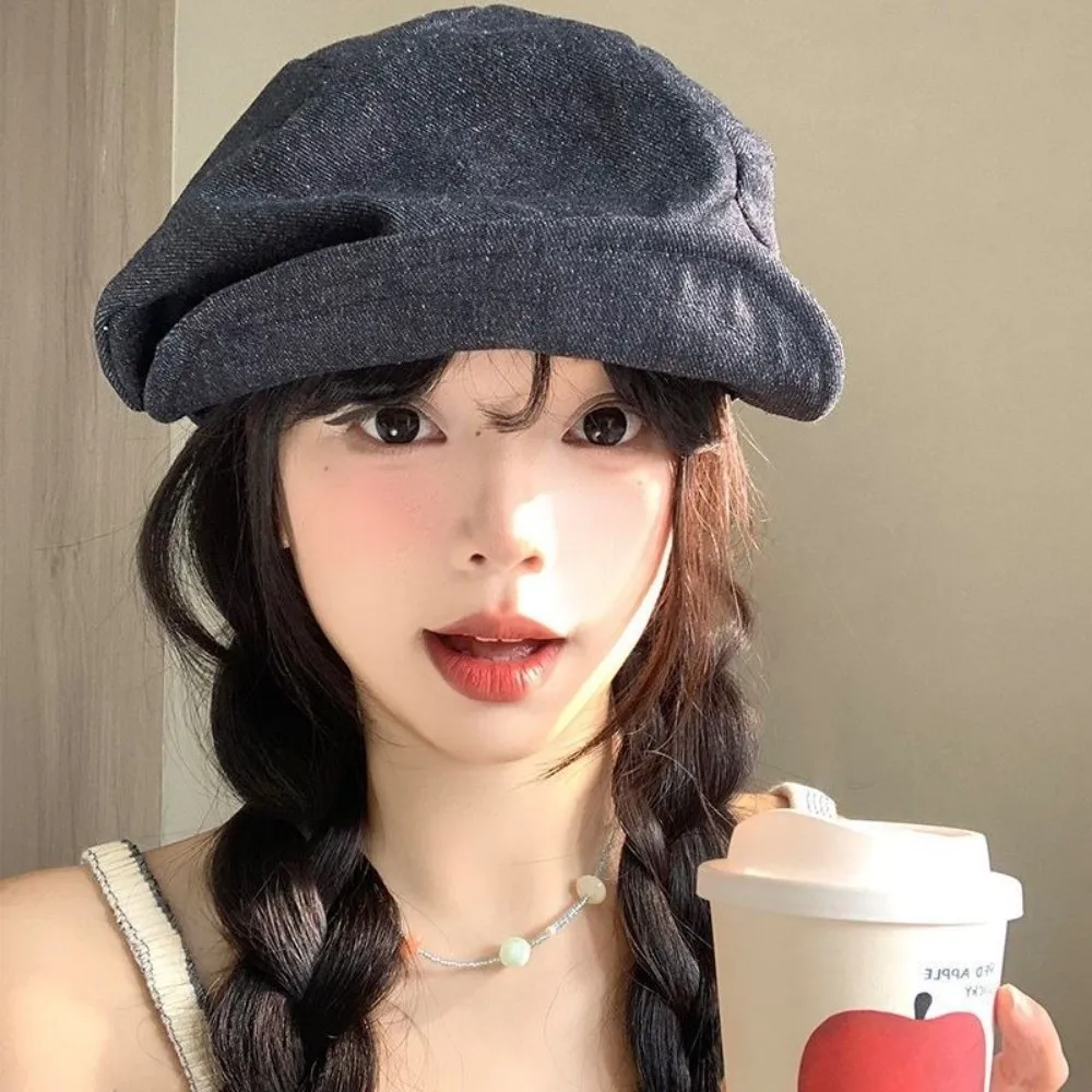 

Vintage Japanese Denim Beret Cloud Cloth Octagonal Cap Big Head Circumference Y2K Pleated Painter Hat Girl