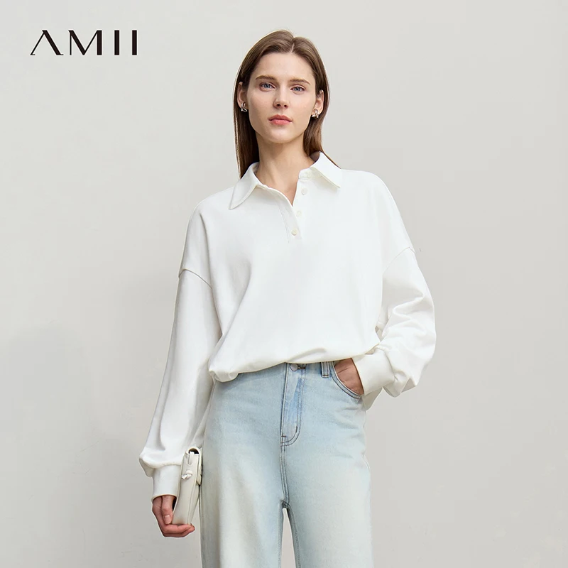 

Amii Woman Sweatshirts 2026 Spring New POLO Lapel Long-sleeved Top Women Cotton Medium Strecth Short Pullover Sweater 12641002