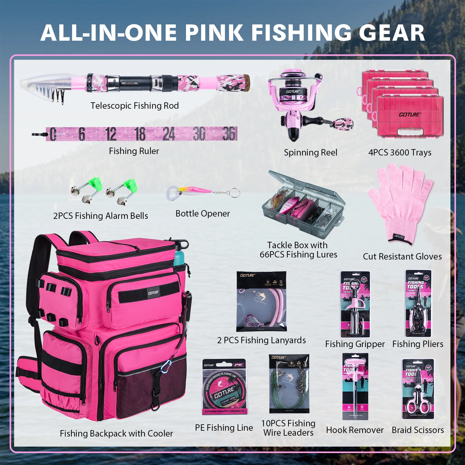 Goture Fishing Rod and Reel Combos with 77L Cooler Backpack,6FT-9FT Telescopic Fishing Pole, Spinning Reel,box,Pliers,Full Kit