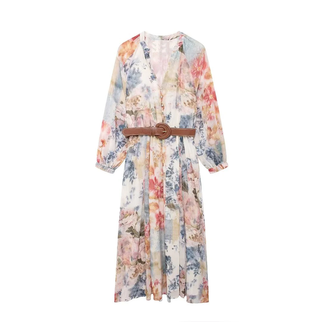 Tangada 2024 Women  Flowers Print Long Dress Female Long Sleeve A-line Dress BE0375