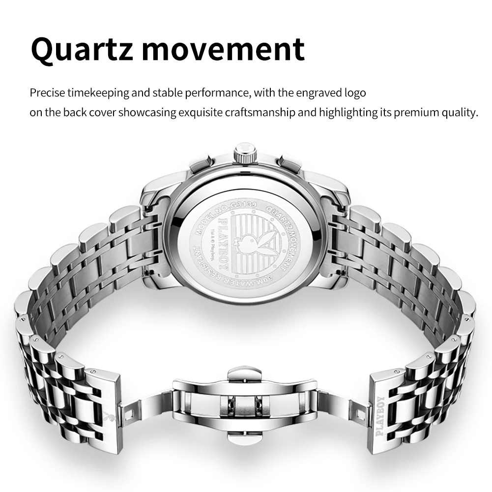 PLAYBOY 3139 Brand original authentic watches for man luxury Solid steel belt multifunctional fake hollow quartz men's watch
