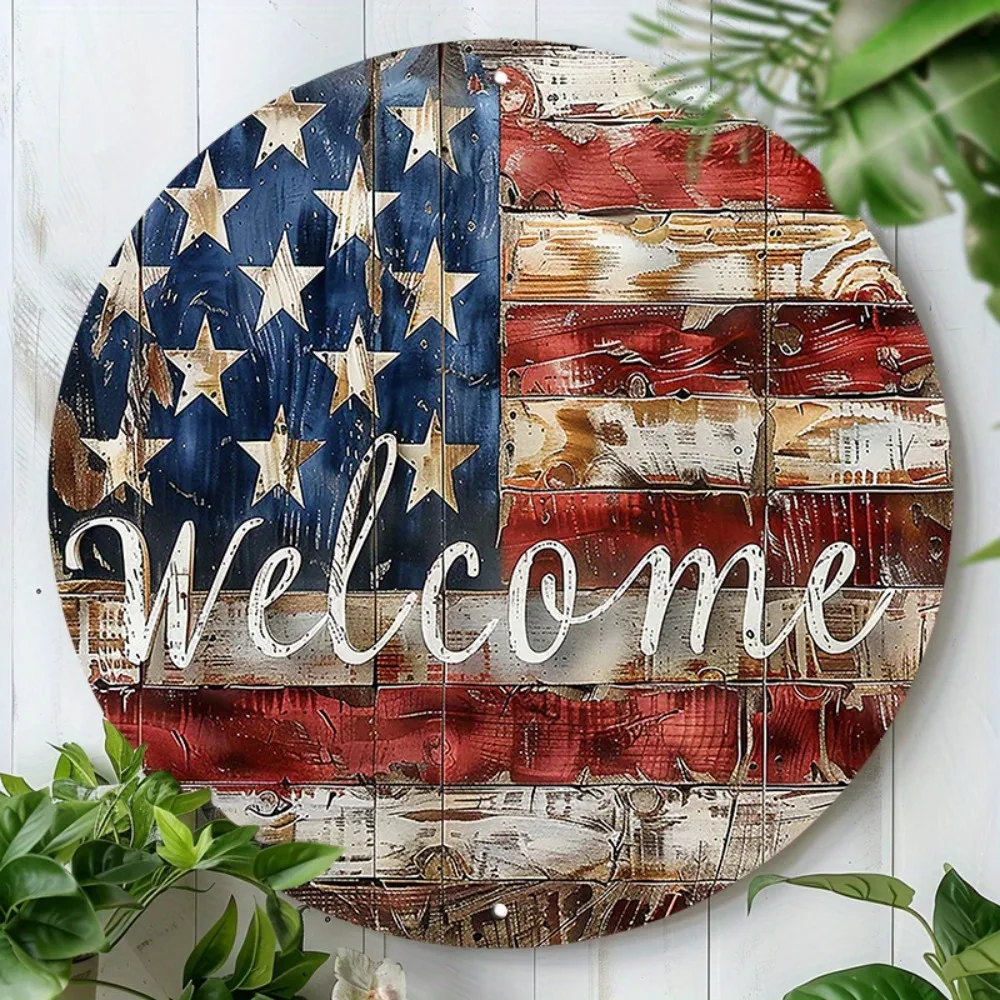 Vintage Rustic Patriotic Welcome Aluminum Wall Art, Waterproof Round Sign for Home & Garden