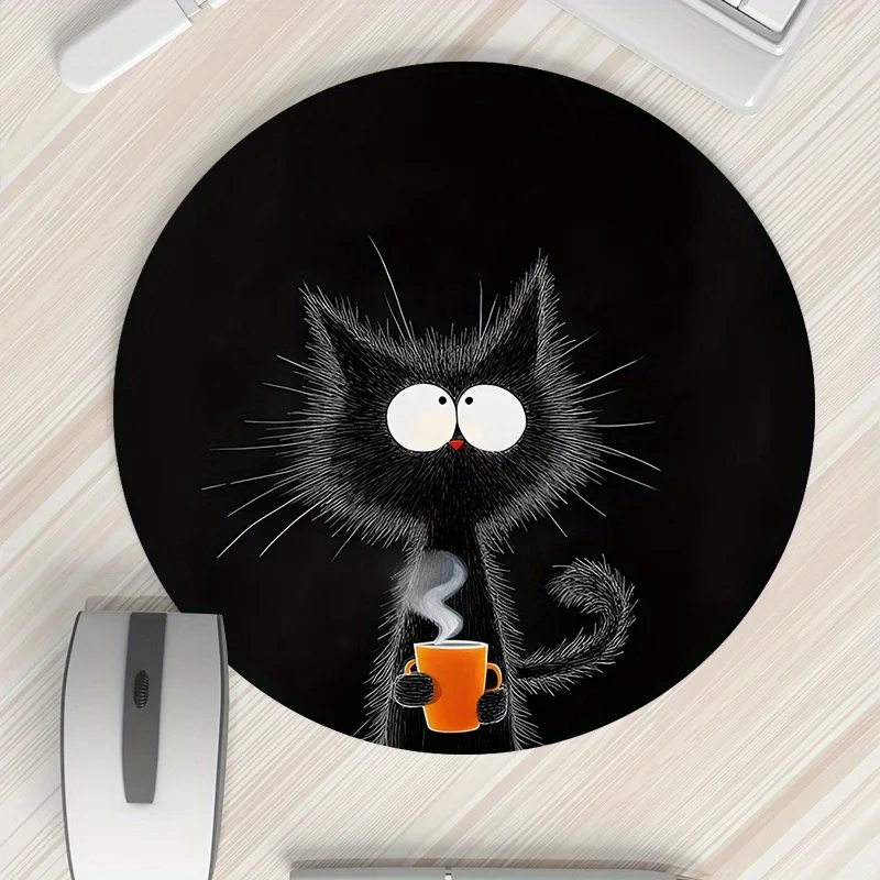 Black Cat Round Mouse Pad Durable Non Slip Rubber Mat Office Gaming Desk Pad Mouse Mat Setup Desk Accessories Mousepad Carpet
