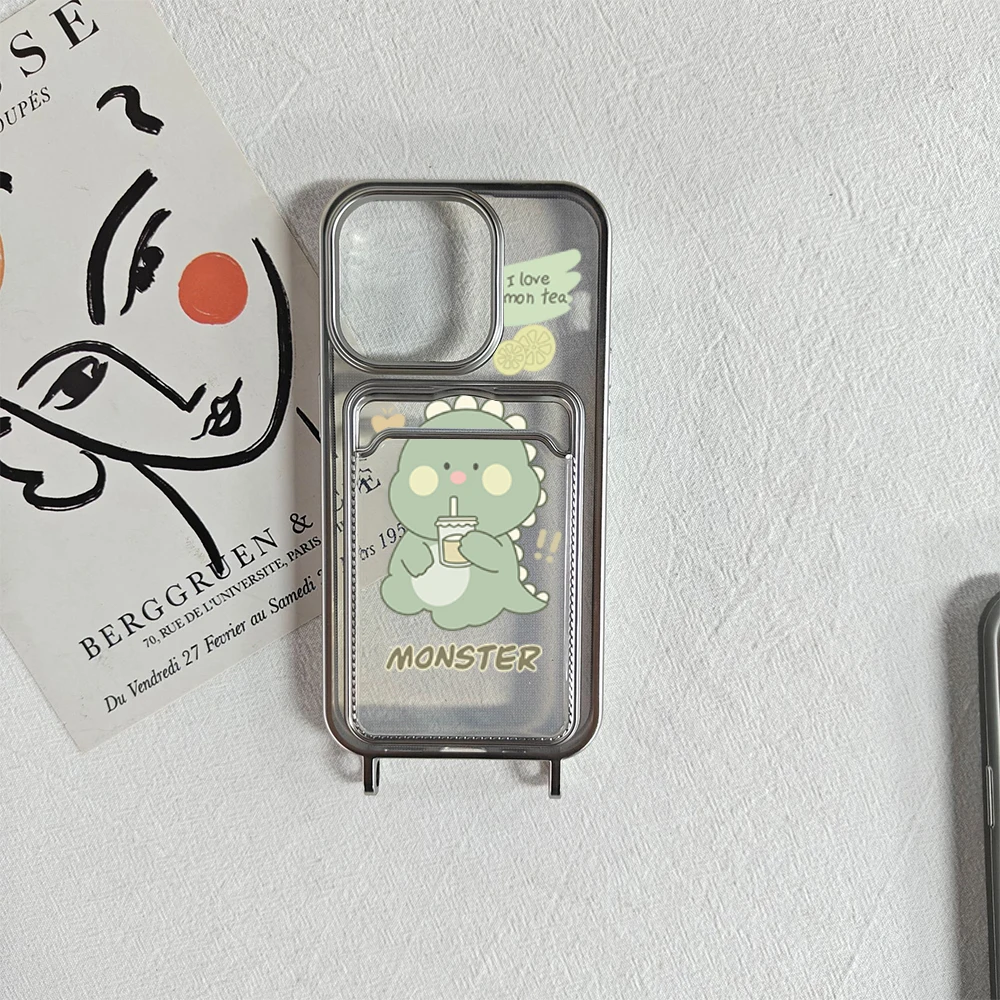 Cute Dinosaur Electroplated Transparent Card Holder Wallet Case For iPhone 11 12 13 14 15 Pro Max