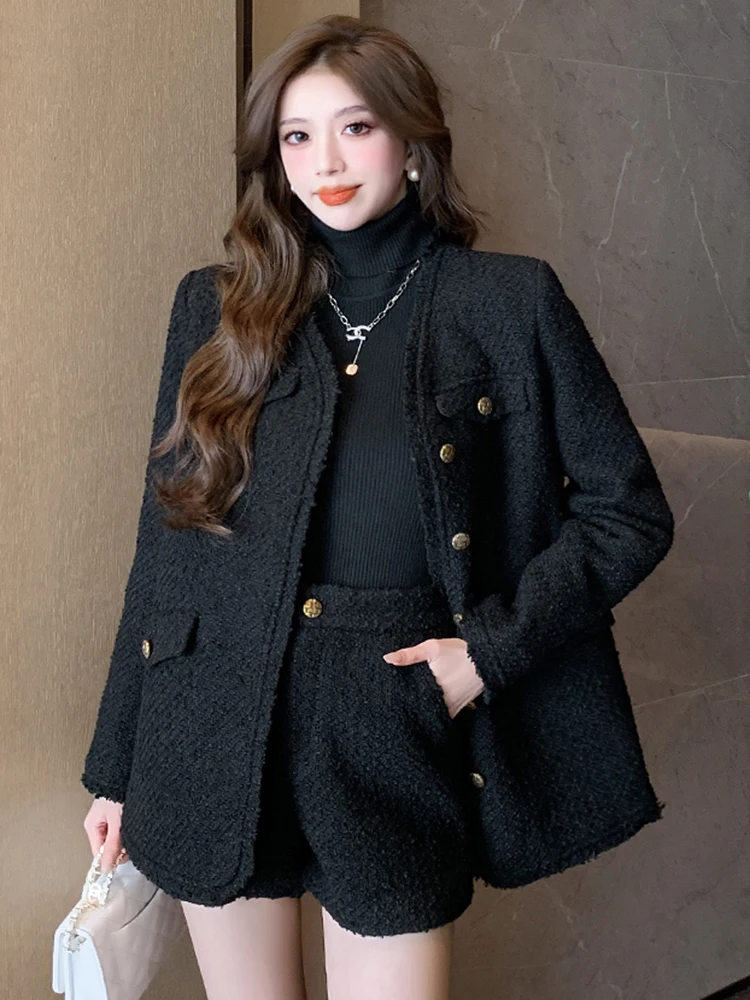 High Quality Fall Winter Clothes Black Tweed Two Piece Pant Sets Women Vintage Long Jacket Coat + Short Suits Elegant Outfits