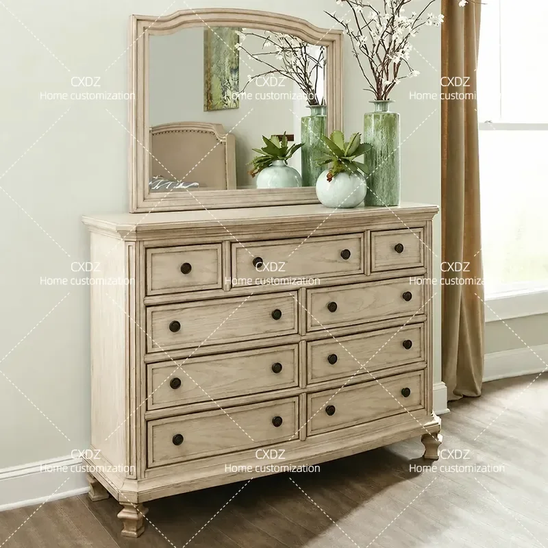 Solid Wood Nine Drawer Chest Cabinet for Bedroom Living Room Storage Dresser Retro Style Customizable for Small Apartments