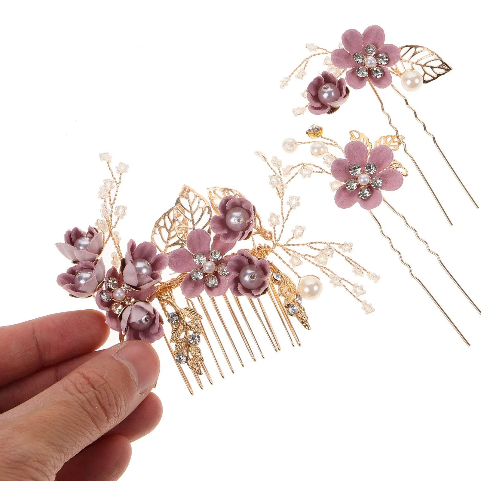 

4pcs Bridal Hair Comb Set Handmade Flower Rhinestone Wedding Headpiece For Bride Prom Party Engagement Anniversary Purple Hair