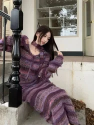 Women Vintage Knitted Two Piece Set  Fluffy Y2k Elegant Patchwork Dress Sets 2024 New Female Korean Style Winter Sweater Suit