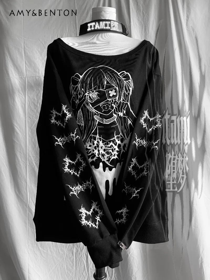 

Subculture Dark Punk Gothic Off-Shoulder Loose Sweatshirt Japanese Mine Series Mass-Produced Y2K Oversized Sweatshirt Women