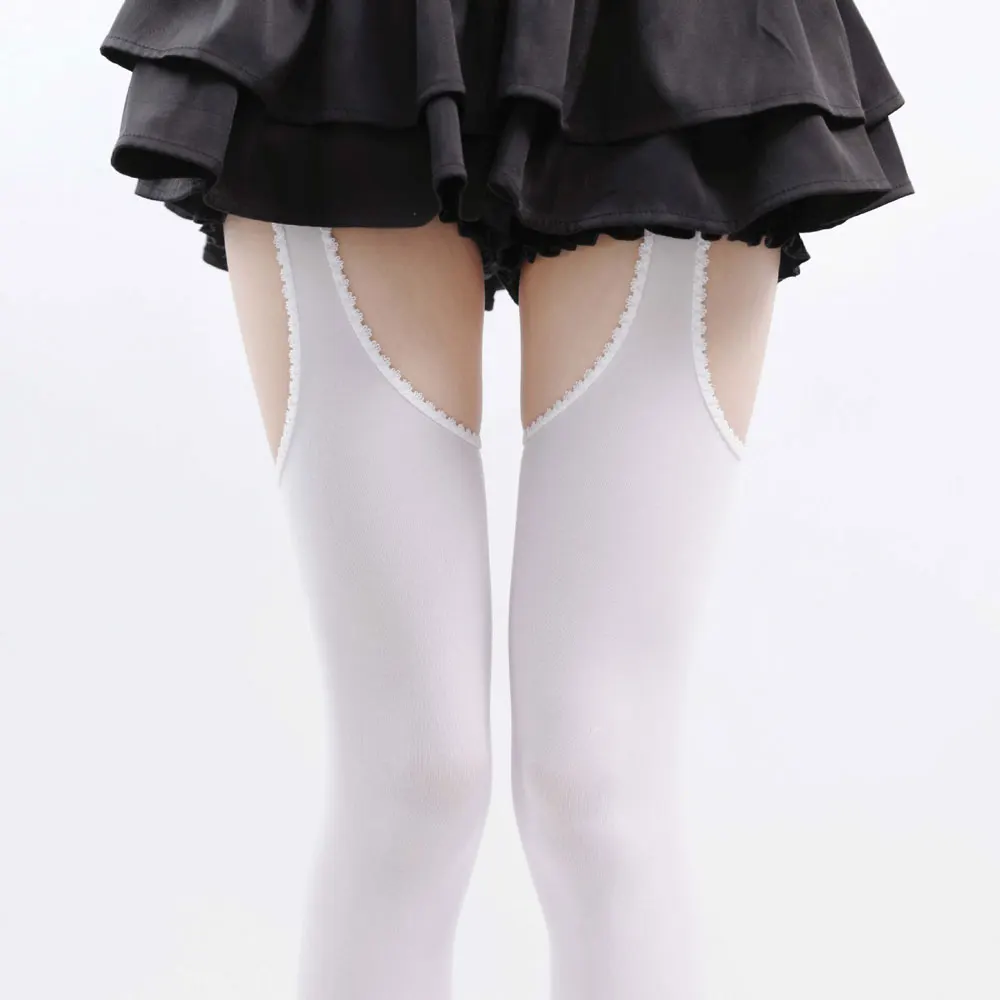 Four Sided Open Crotch Pantyhose Sexy Hollow Out Hosiery Lingerie Women Lace Trim Fake Garter Tights