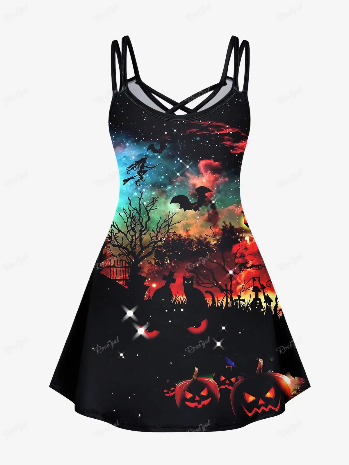 Gothic Printed Cami Plus Size Dress Pumpkin Cat Tree Bat Galaxy Glitter Colorblock Halloween XS-6X Casual Vestidos For Women