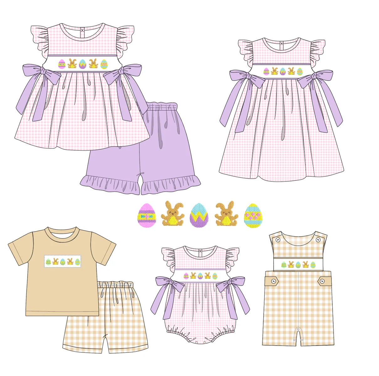 Easter Boutique Short Sleeve T-shirt Round Neck Rabbit Embroidery Girl Purple Romper Boy Top Clothes And Pleated Skirt Pants