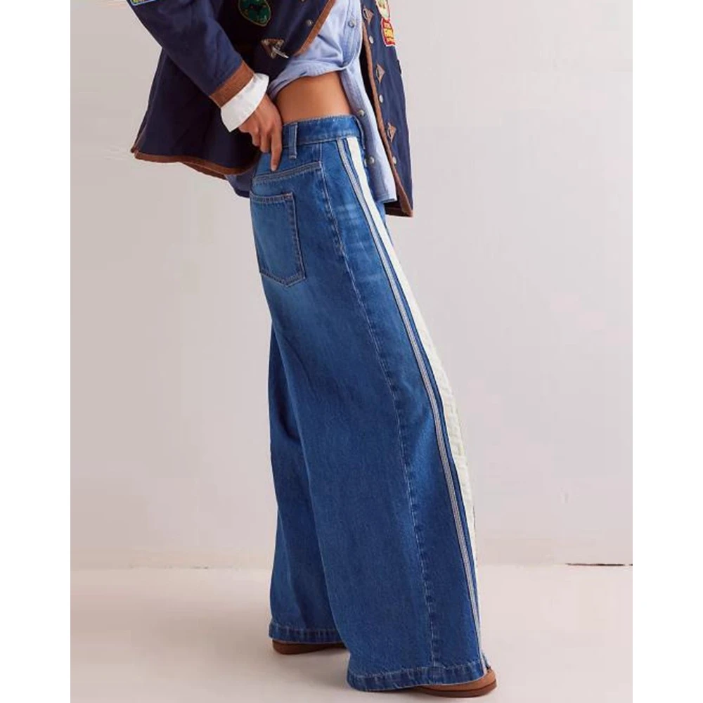 الكورية أزياء خمر المرأة الرجعية شخصية السراويل واسعة الساق اللون كتلة المسامير سبليت الأصفاد الديكور المألوف