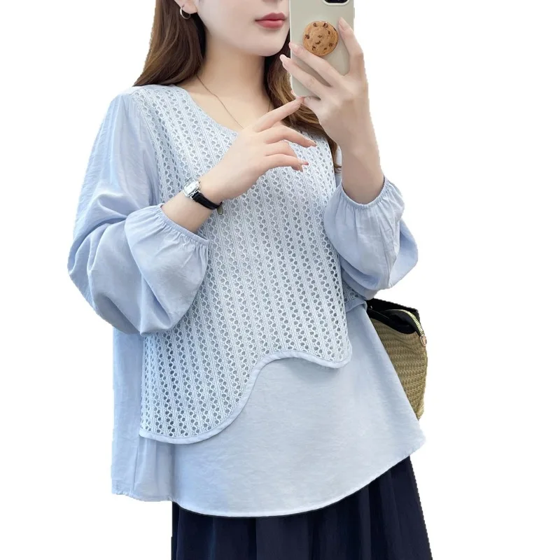 Women Mock Two Piece Blouse Early Autumn Loose Long Sleeve Top For 200Lbs Hide Belly