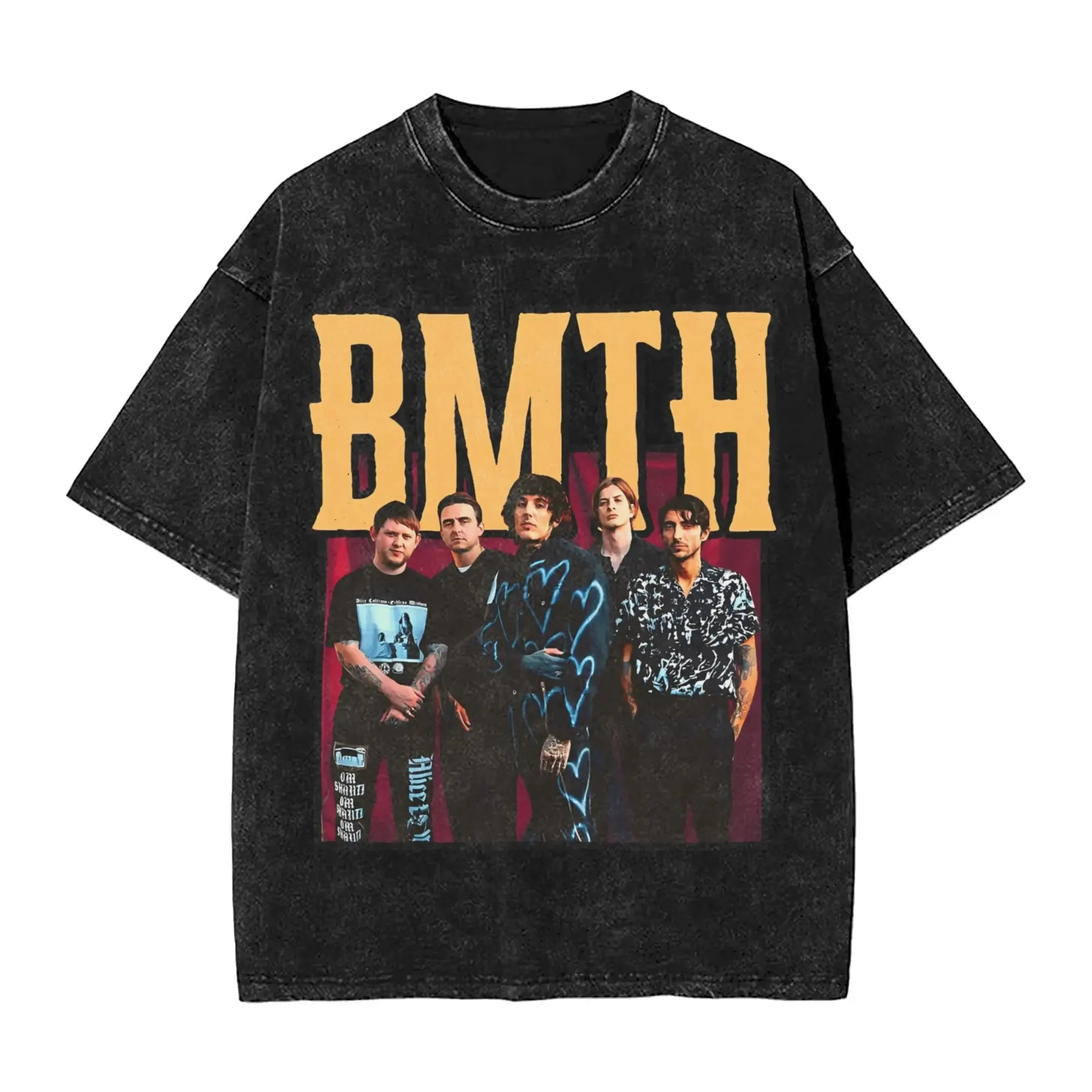 Short Sleeved Round Neck Y2k Tshirt Men New in Top & Tees Mens T-Shirt ROCK Band Bring Me The Horizon Tees for Fans BMTH Washed