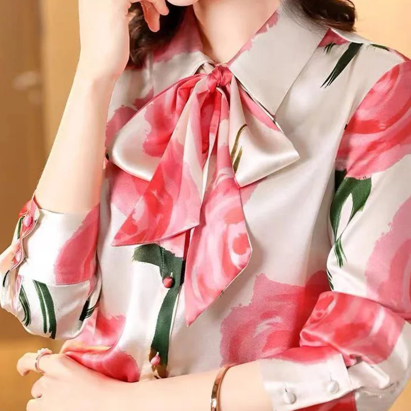 Ladies Temperament Printing Long Sleeve Blouse Autumn Elegant Lacing Bow Buttons Shirts Women Clothing Fashion Floral Top Tee