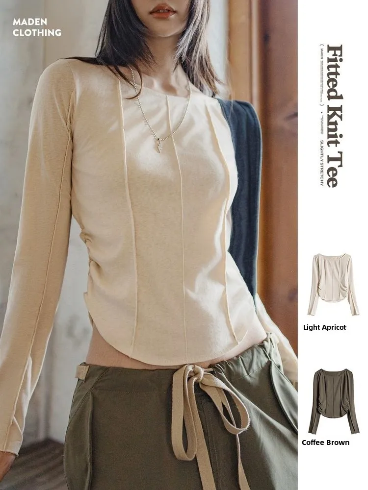 Maden Slim Fit Long Sve Strick-T-Shirt, tailliertes, oulderlanges Sommer-Top für Damen, atmungsaktiv, feuchtigkeitsbeständig