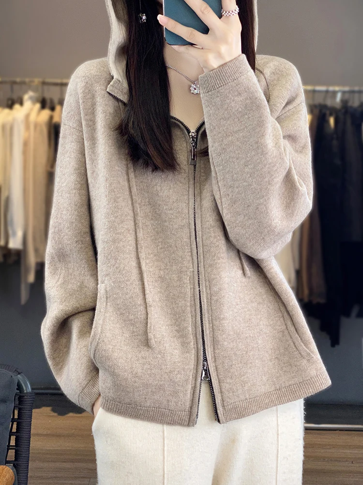 

High-end Thicken 100% Wool Zipper Cardigan Women Hooded Knitted Coat Fashion Loose Plus Size Jacket Double zipper Winter Sweater