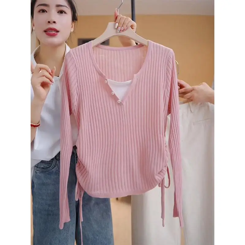 Top slim fit lavorato a maglia rosa da donna all'inizio dell'autunno Nuovo Sle Side Dstring Faionable Beautiful Base irt Maglione V-ne Lungo...