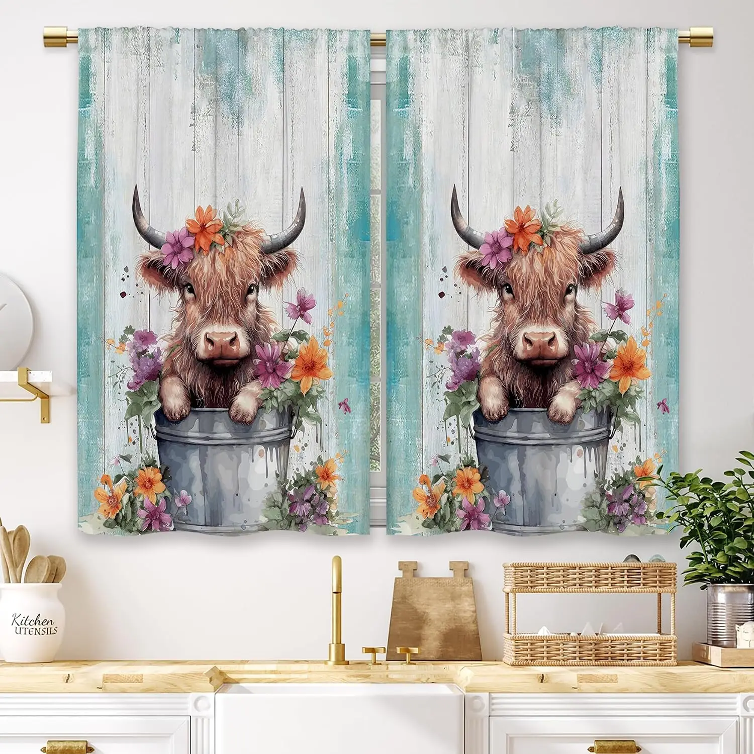 Cottagecore Floral Cow Curtains Rustic Farmhouse Window Panels Bohemian Cottage Style Waterproof Daylight Filtering Privacy Deco