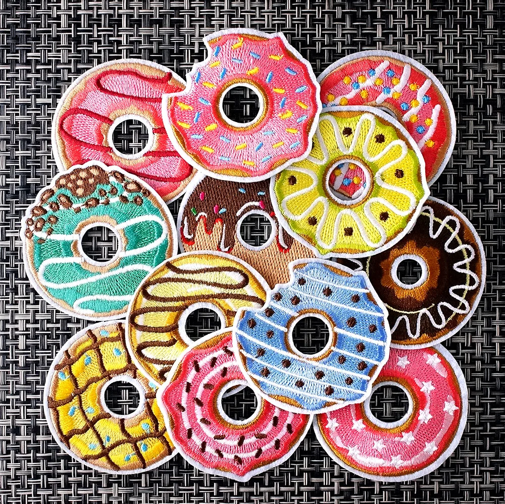 12Pcs/Lot Doughnut Donut Iron on Patches Cloth Embroidered Applique Sewing Clothes Apparel Accessories Patch Bread