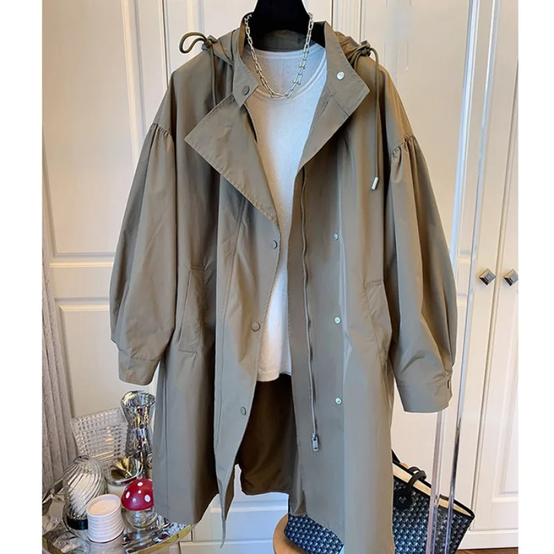 

Sweet Hot Girl Casual Hooded Pleated Trench Coat Women's Autumn Long-sleeved Mid-length Loose Jacket Fashion Female Clothes