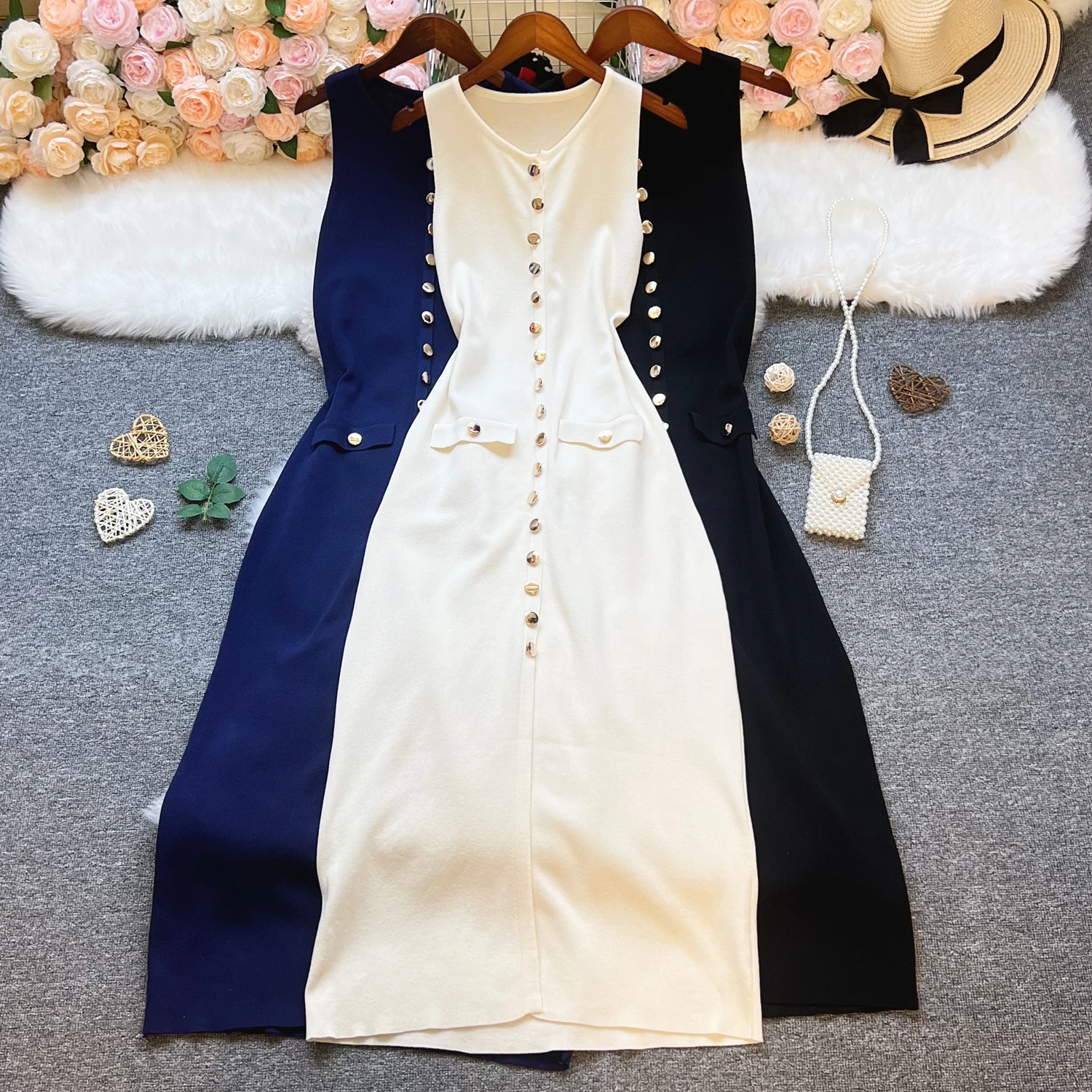 YuooMuoo Chic mode tricoté Maxi robe femmes Vintage simple boutonnage sans manches moulante robe pull élégante dame Robes de soirée