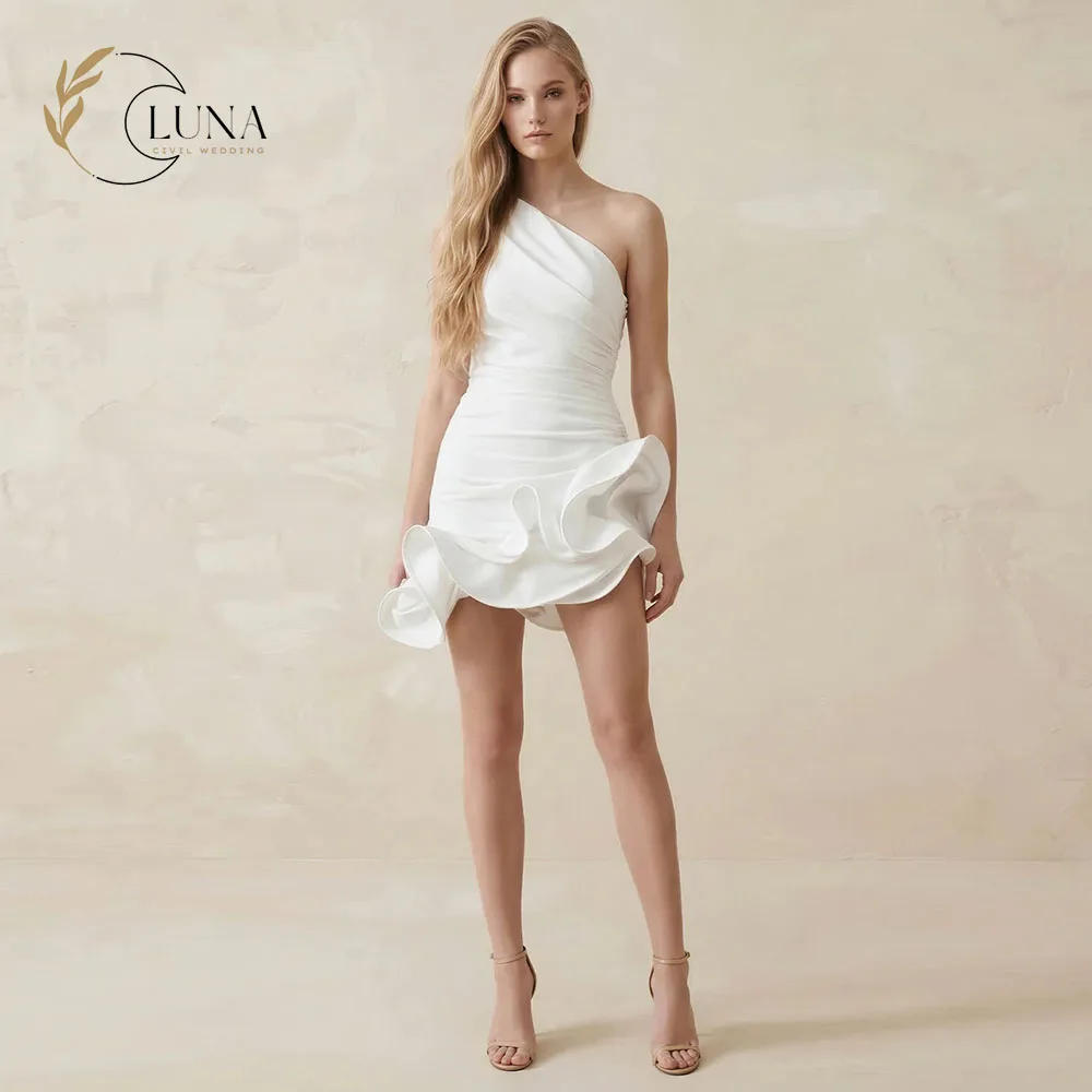 Luna Customized One Shoulder Sheath Mini Wedding Party Dresses Ruffled Sexy Short Bridal Prom Dress Party Gown