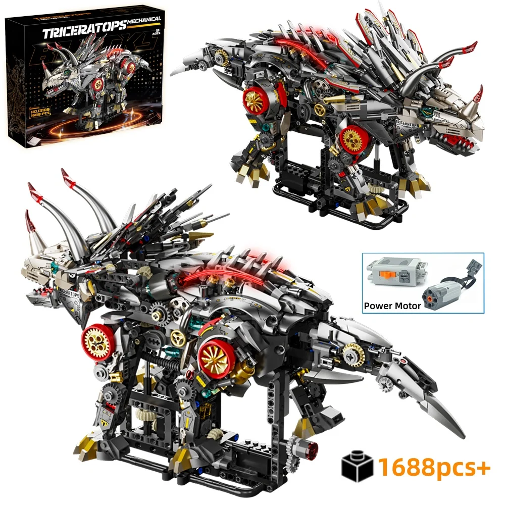 

STEM Mechanical Triceratops Dinosaur Building Blocks Jurassic World Animal Linkage Model with Light DIY Desktop Decor Toy Gifts