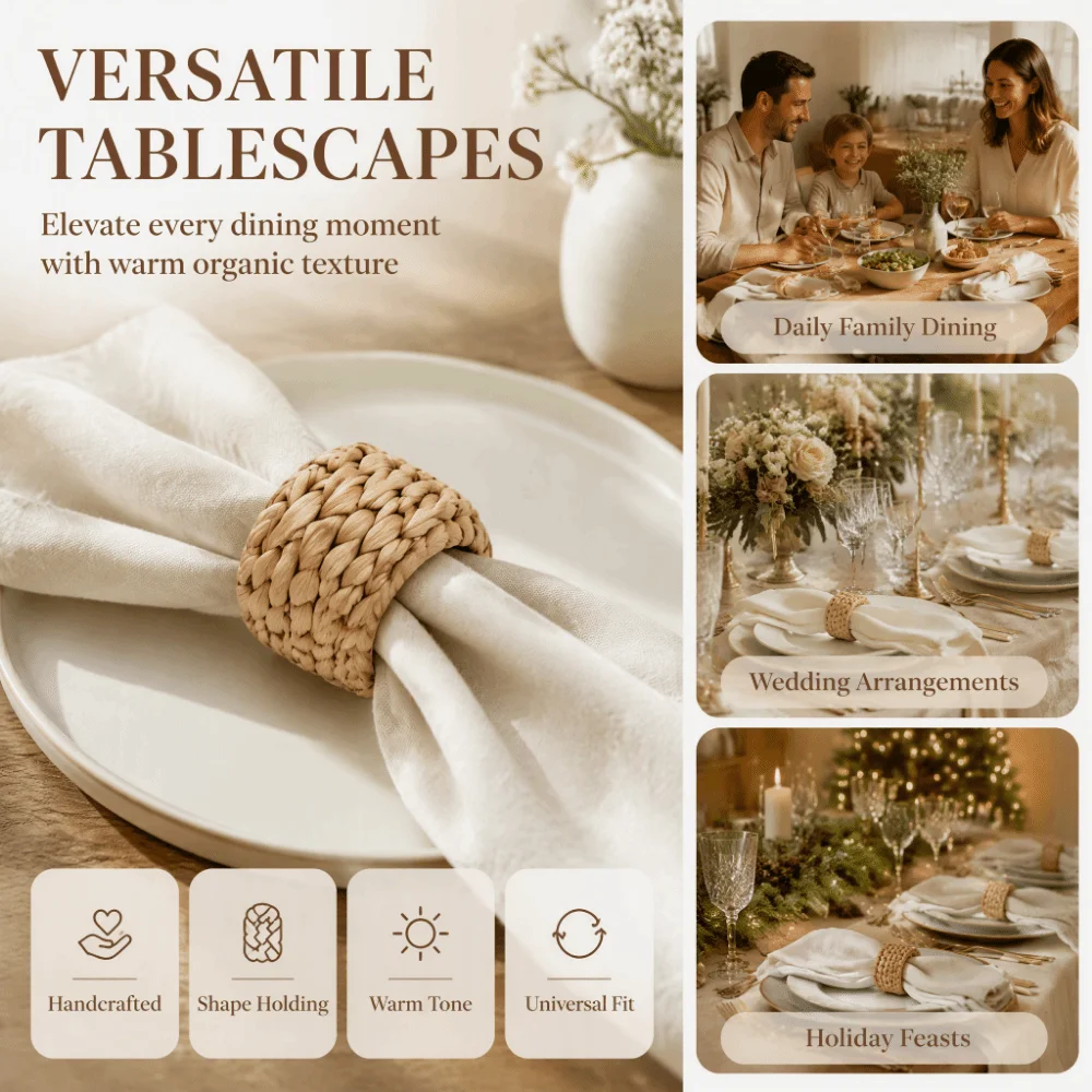 6pcs Calabash Grass Calabash Grass Napkin Ring Hand Woven Round Shape Table Napkin Ring Rustic Style Light Yellow Grass Tone