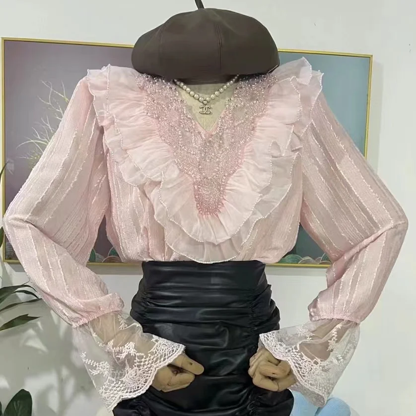 Luxury Beaded Sequined Stitch Lace White Black Pink Sexy Blouses Shirts For Women\'s 2024 Spring Summer Long Sleeve Tops Blusas