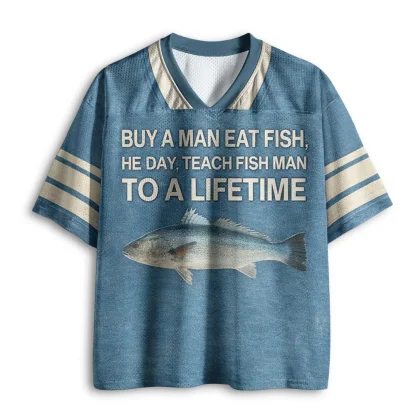 Vintage Mesh V Neck Shirt Funny Fish Slogan Print Men Loose Summer Casual Short Sleeve Top