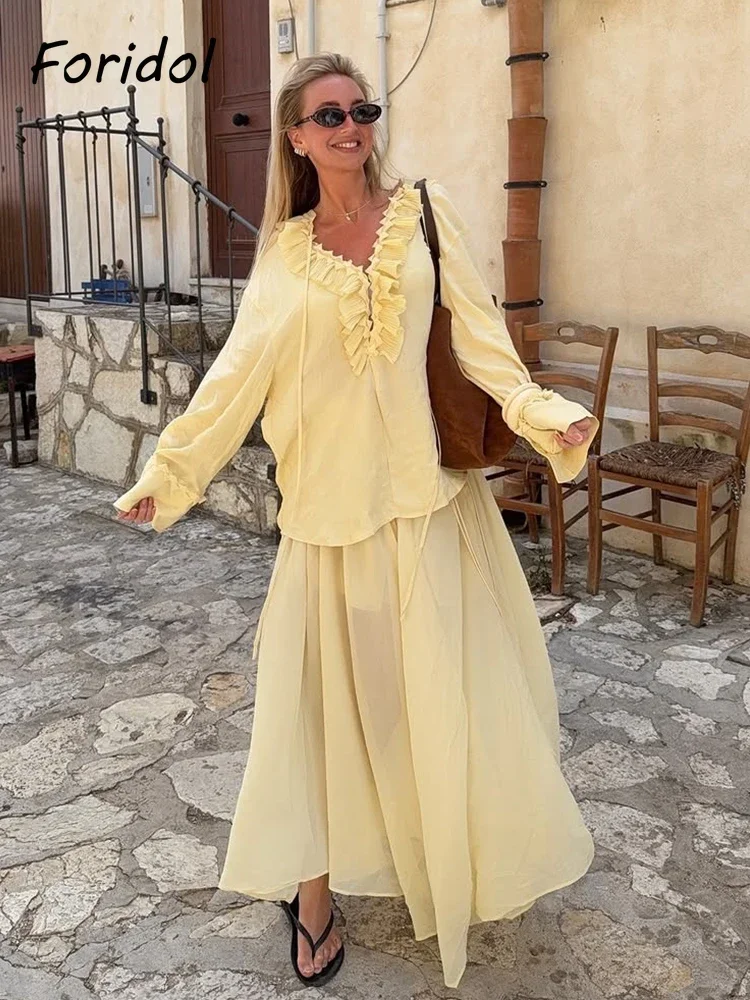 

Yellow Blouse Shirt+skirt Matching Set for Women Two Pieces Casual Loose New in Outfits Summer Spring 2025 Dress Set Solid Suit