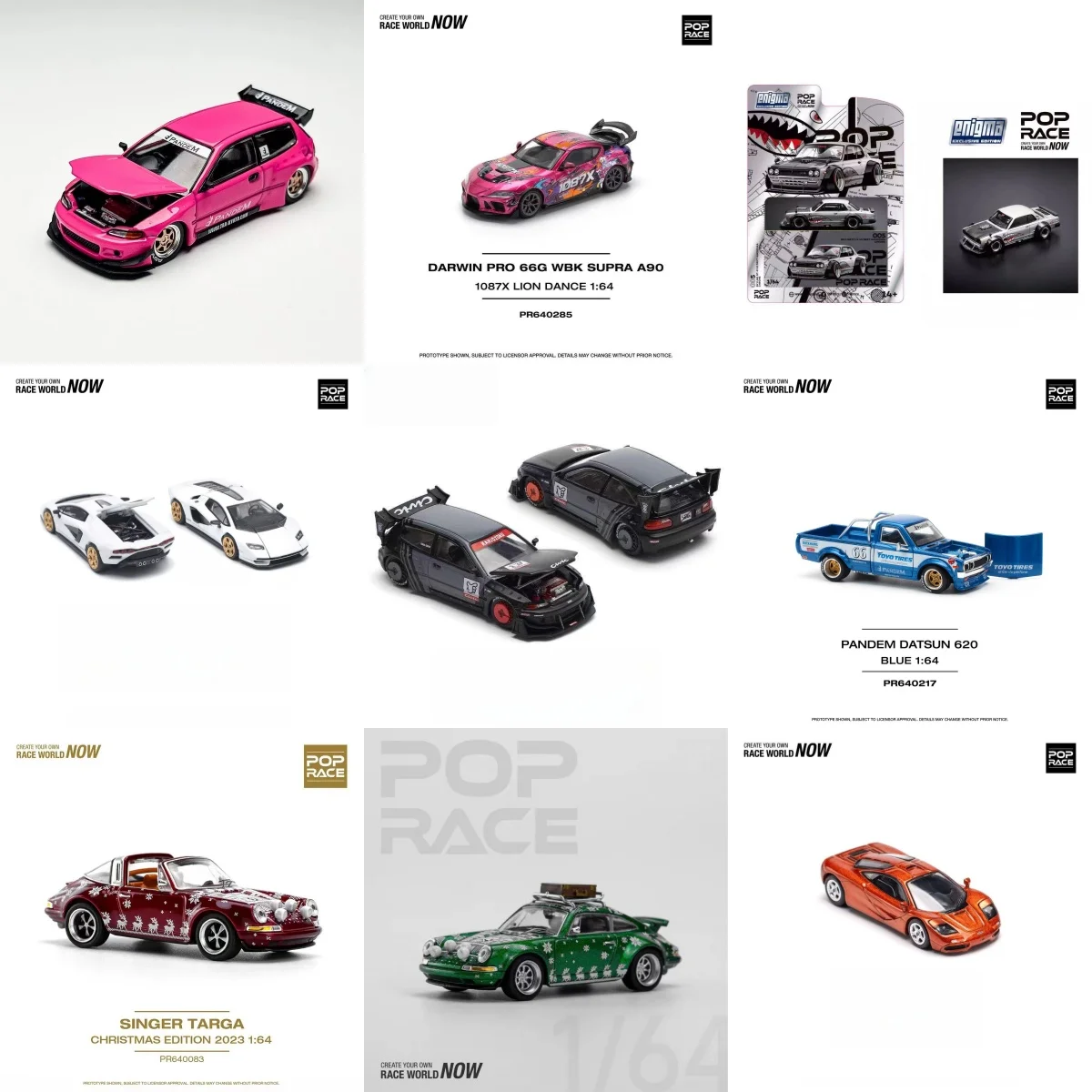 

Модель автомобиля из сплава Poprace 1:64 KPGC110/Civic EG/Datsun 620/LP800/964 Singer