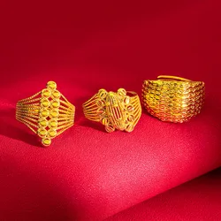 Pure 14k Yellow Gold Coating Ring for Women Classic Glossy Hollowed Leaves Flowers Rings for Bridal Wedding Jewelry Gifts